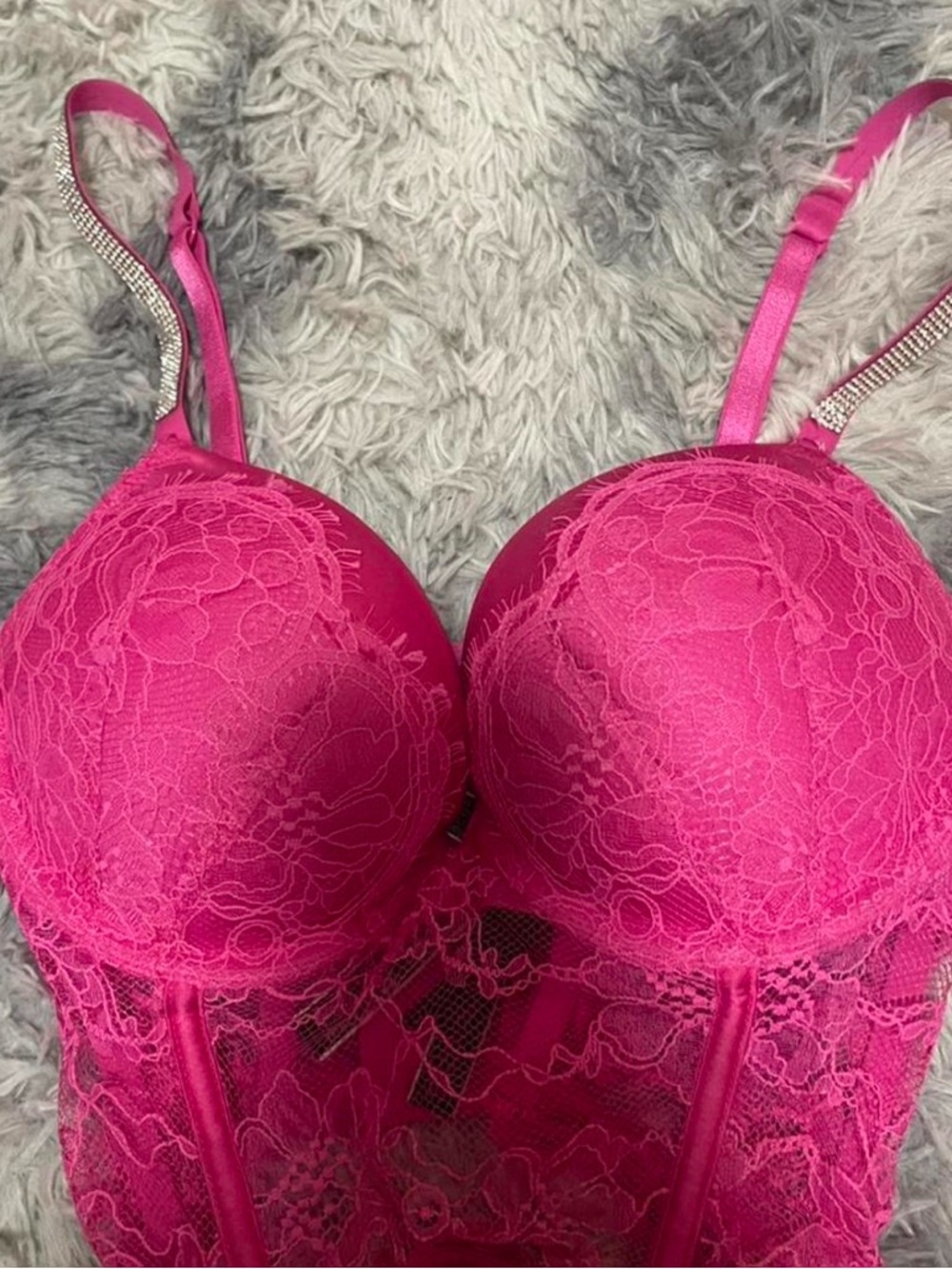 Victoria's Secret Hot Pink Lace Bustier with Jeweled Straps